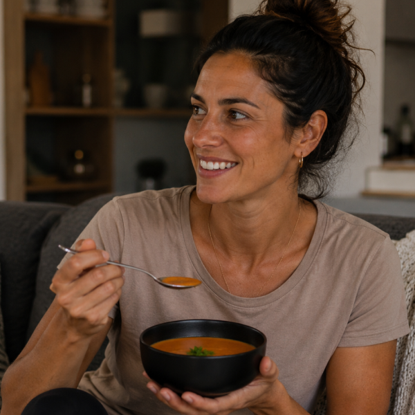 Frau isst Vegane High Protein Suppe Mahlzeit Pilz – Fertiggericht mit Waldpilzen herzhaft und cremig 