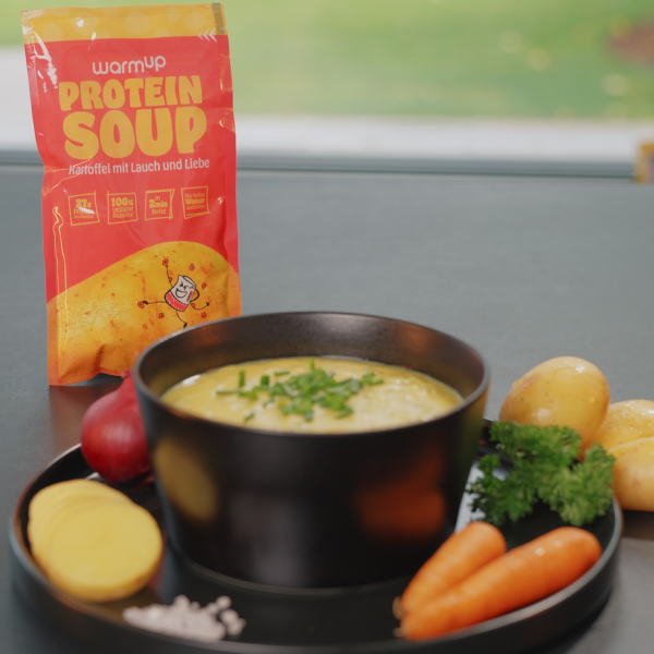 Sachet und Schüssel High Protein Fertiggerichte Suppe – Mahlzeit Kartoffel Lauch Liebe vegan in 2 Minuten fertig