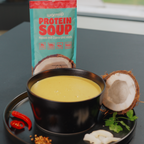 Sachet und Schüssel Vegane High Protein Suppe Mahlzeit Kokos Curry – exotisches Fertiggericht scharf und cremig