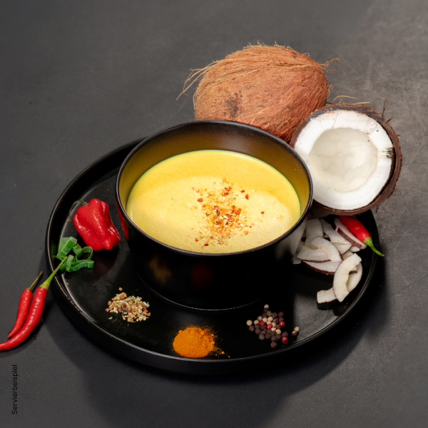 Vegane High Protein Suppe Kokos Curry – exotisches Fertiggericht scharf und cremig, schnelle Mahlzeit