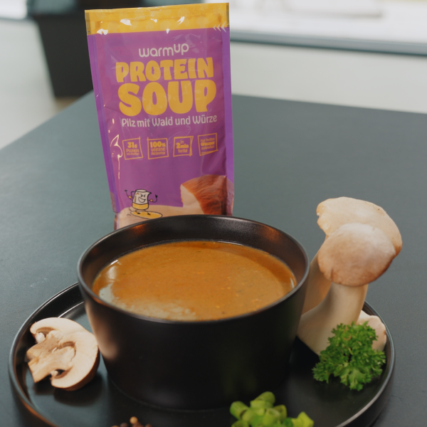 Saceht und Schüssel Vegane High Protein Suppe Mahlzeit Pilz – Fertiggericht mit Waldpilzen herzhaft und cremig 